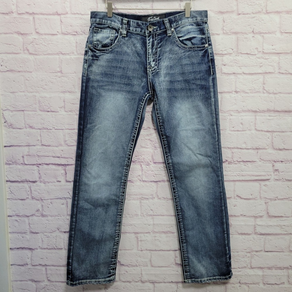 True Luck Straight Stretch Jeans Men 32/34 Thick Stitch Embroider Western Grunge